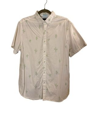 Denim & Flower Mens White Button down Cotton Campy Cactus Print Shirt sz L